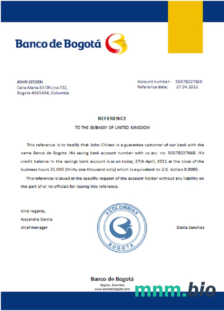 Kolumbia Banco de Bogotá przykład odniesienia w formatach Word i PDF